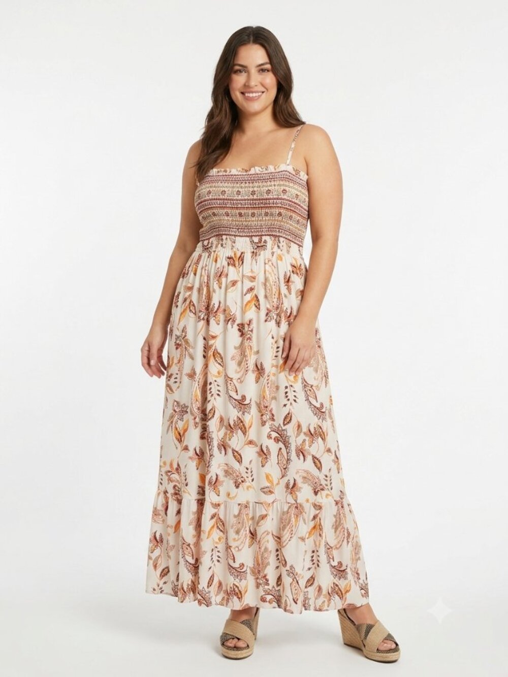 NWT Adora Boho Paisley Floral Maxi Dress Size Medium Tie Strap Smocked Bodice
